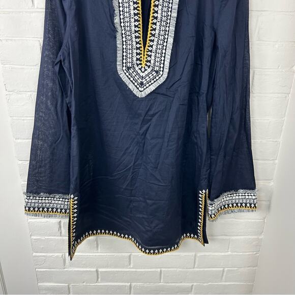 Tory Burch Navy Embroidered Fringe Detail 100% Cotton Tunic Size 8 - Picture 5 of 14